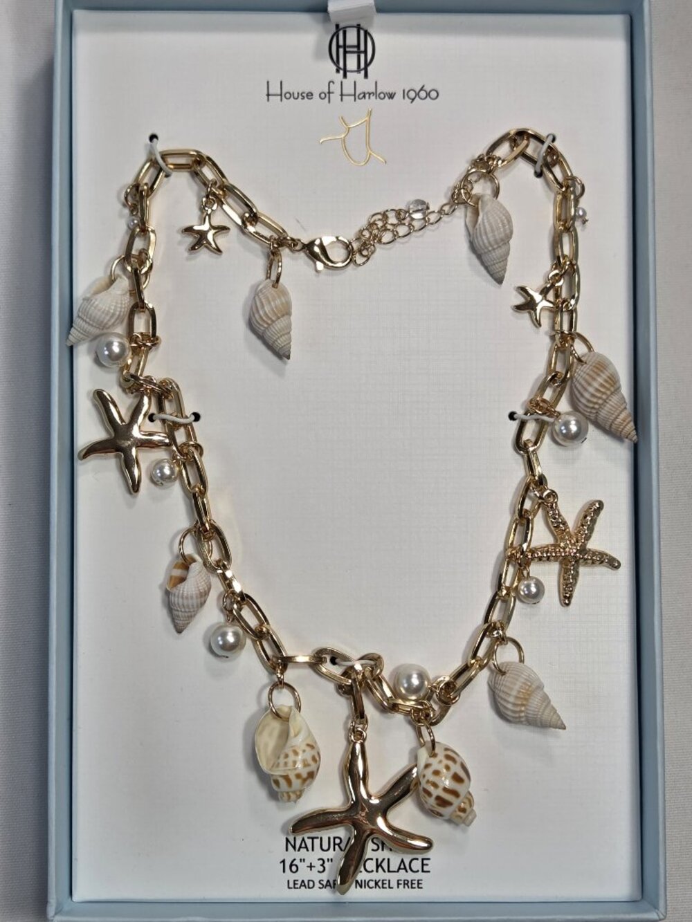 NIB House of Harlow 1960 Natural Shell Starfish Pearl Coastal Charm Necklace